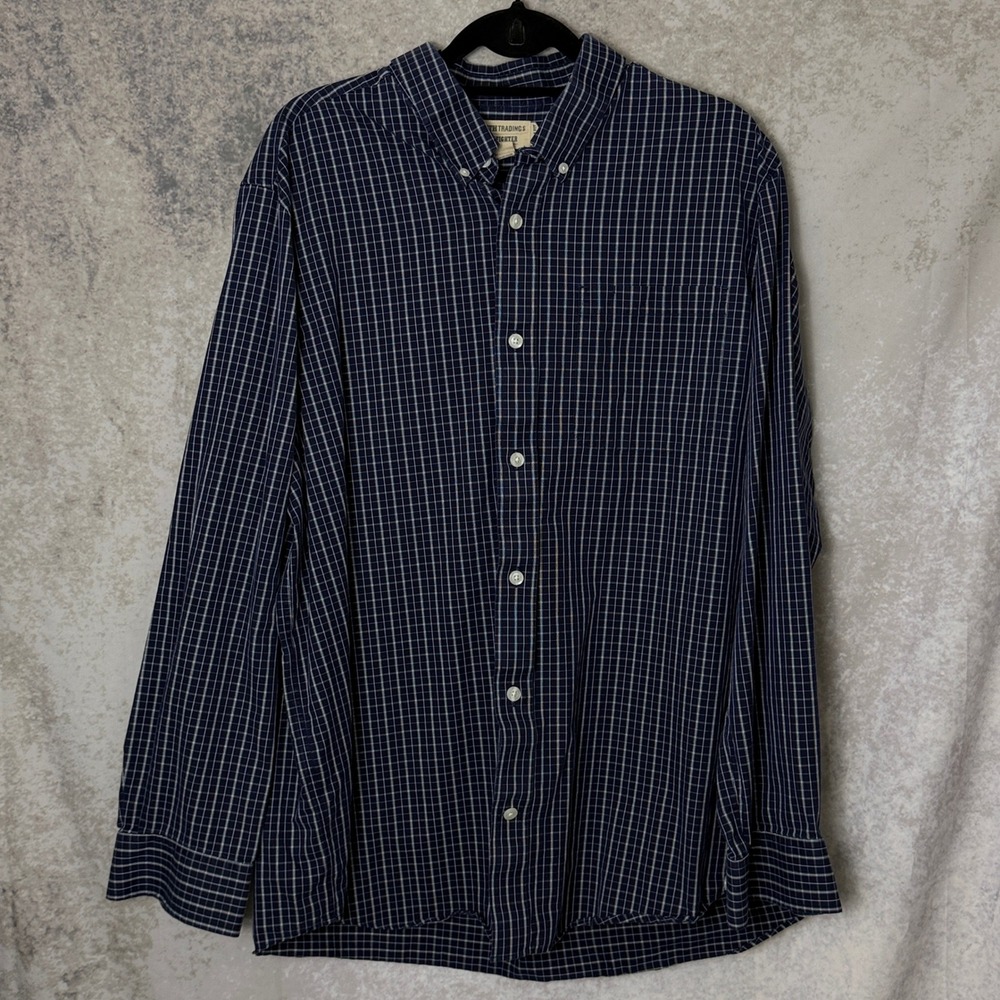 Duluth Trading Co Wrinklefighter Shirt Men's XL Trim Fit Navy Check Button Down